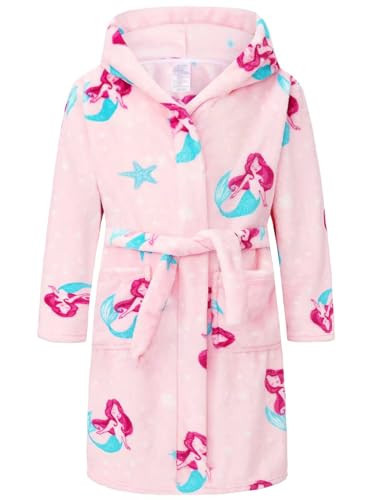 Girls Fleece Hooded Robes, Warm Printed Bath Robe for Kids Soft Fuzzy Bathrobe for Gifts Pink Mermaid 9-12 Years | Amazon (US)