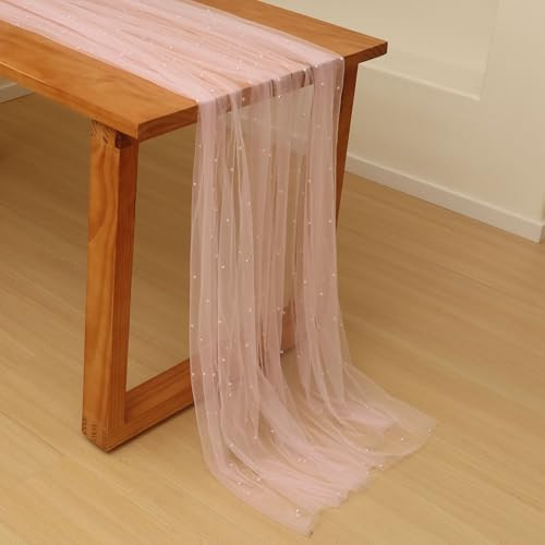 Quandjk 10 ft Pink Pearl Table Runner Tulle Fabric Lace Tablecloth Table Runners for Bridal Shower Birthday Party Wedding Arch Veil Dessert Table Decorations 29.5x120 Inches | Amazon (US)