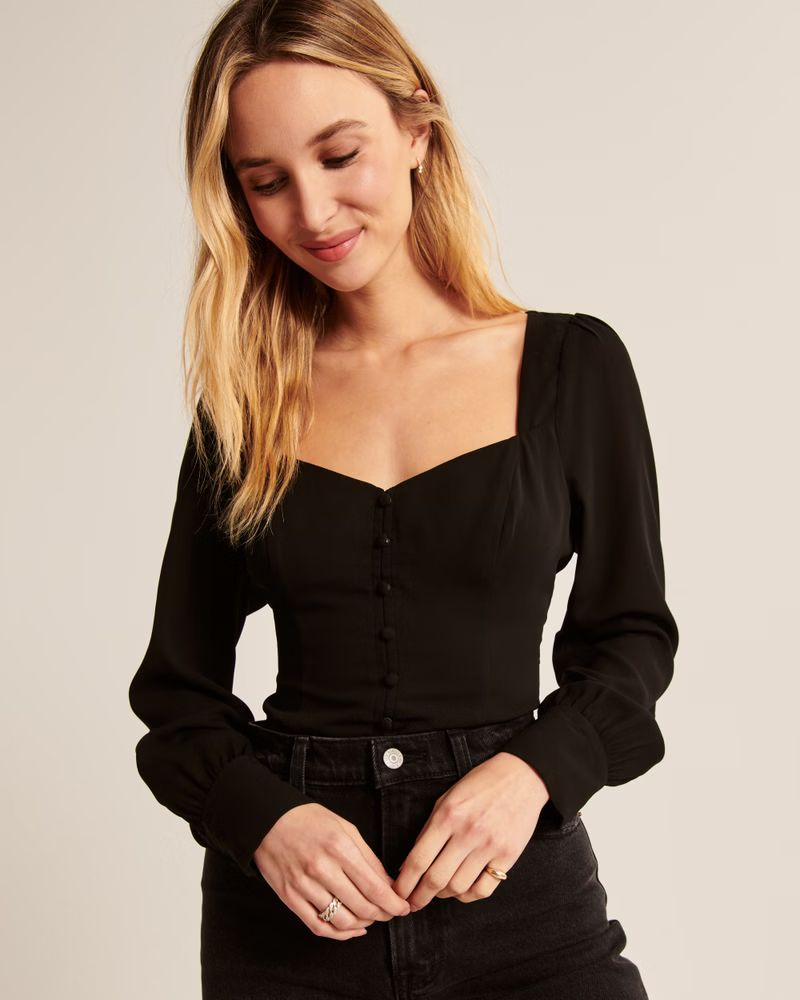 Long-Sleeve Button-Through V-Neck Top | Abercrombie & Fitch (US)