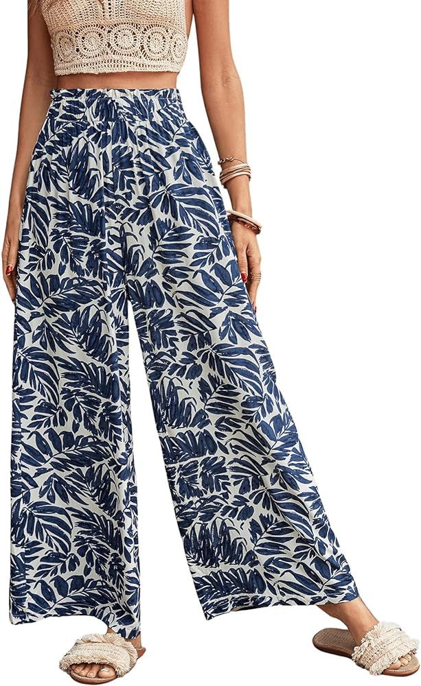 SweatyRocks Women's High Waist Belted Pockets Pants Graphic Print Wide Leg Loose Palazzo Pants Tr... | Amazon (US)