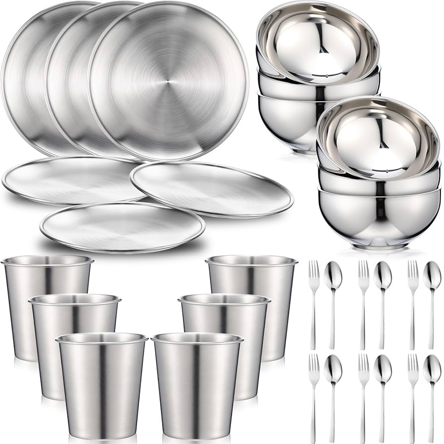 Jinei 30 Pcs 304 Stainless Steel Dinner Set Stainless Steel Plates and Bowls Include Plates Bowls... | Amazon (US)