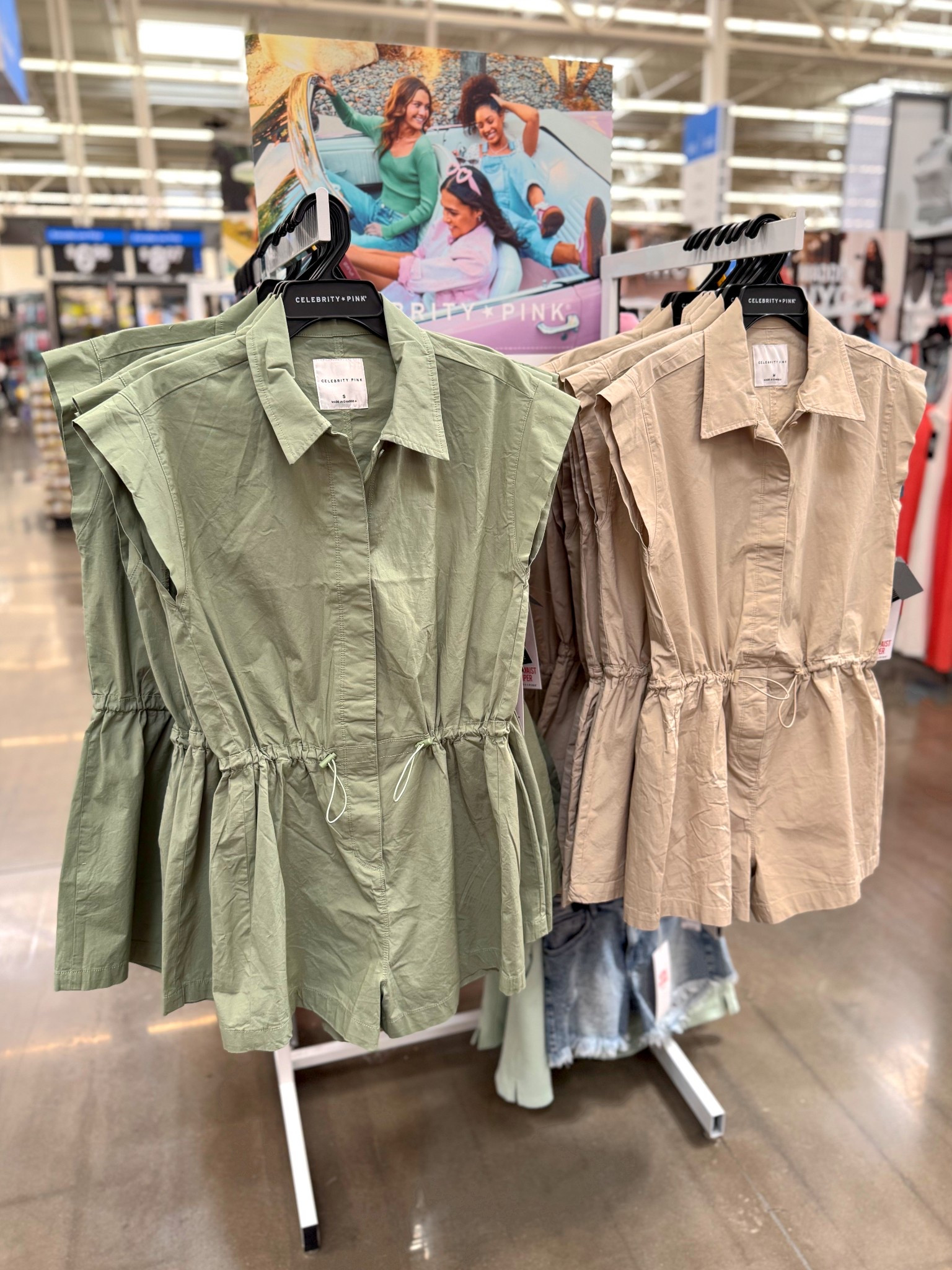 Cinch-waist rompers in green & khaki… selling fast at Walmart! Perfect for spring.🌷
