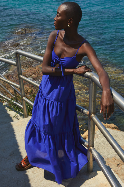 Tie Front Tiered Midi Dress in Ultraviolet | Bohemian Traders