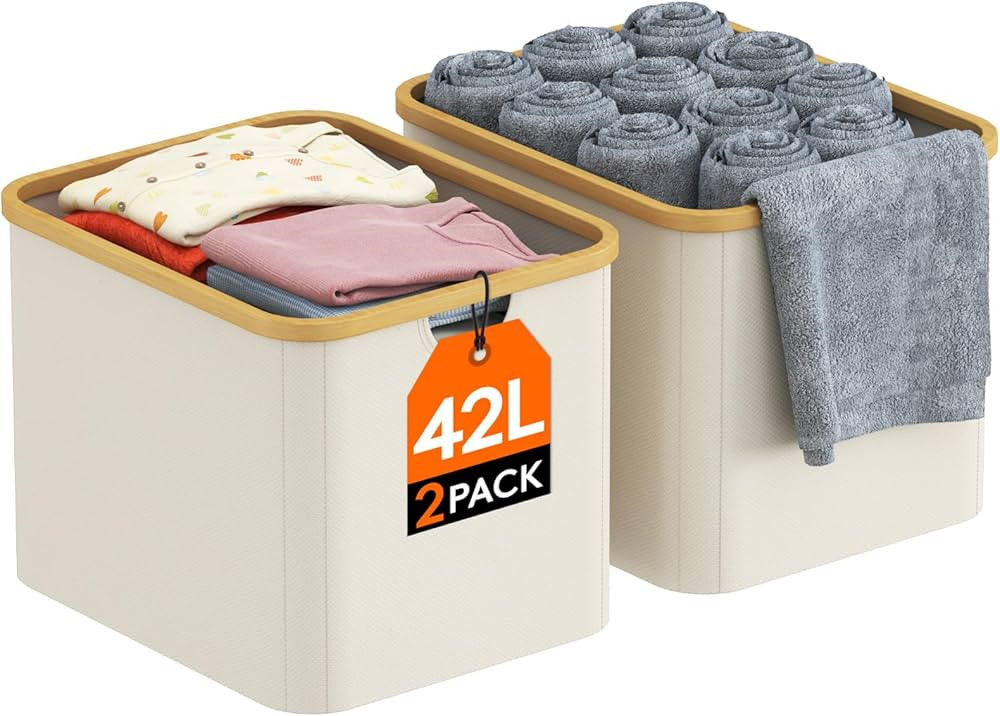 Lifewit 42L Collapsible Storage Bin with Bamboo Handles, Foldable Storage Basket for Organizer, S... | Amazon (US)