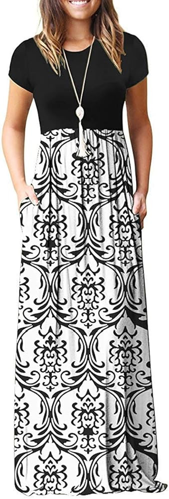 AUSELILY Women Short Sleeve Loose Plain Casual Long Maxi Dresses with Pockets | Amazon (US)