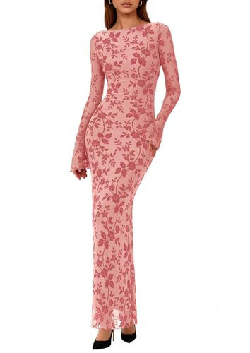 PRETTYGARDEN Women's Floral Bodycon Maxi Dress 2026 Spring Elegant Mesh Long Sleeve Formal Wedding Guest Cocktail Dresses (Pink,Small) | Amazon (US)