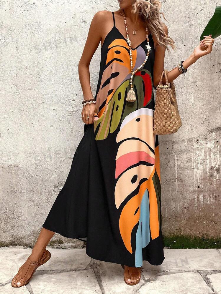 EMERY ROSE Women's Fashionable Colorful Leaf Printed Strappy Dress Maxi Women Outfit | SHEIN