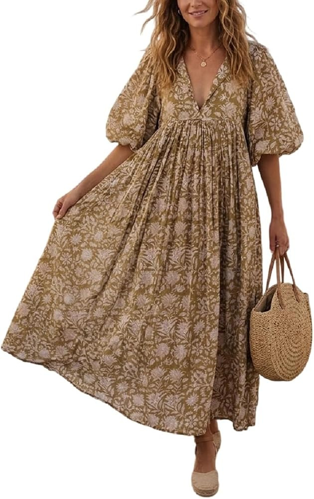 Wome Boho Floral Maxi Dress Puff Sleeve Flowy Long Dress V Neck Loose Fit Shirt Dress Bohemian Ti... | Amazon (US)