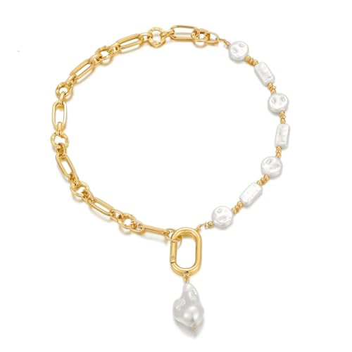 Statement Pearl and Chain Necklace,Mixed Chain and Trendy Organic Pearl Choker,Chunky Necklaces f... | Amazon (US)