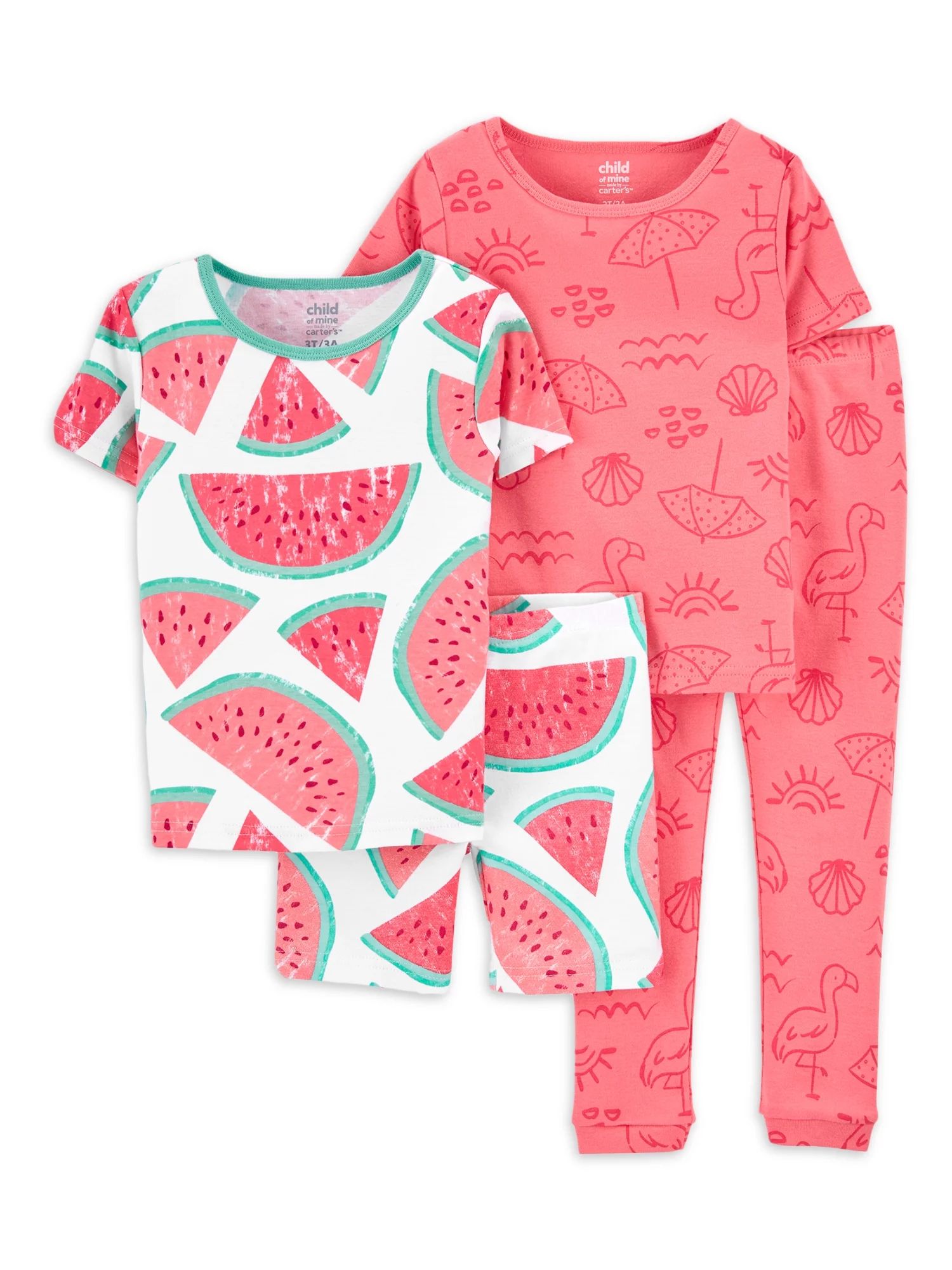 Child of Mine Girls Watermelon 4-Piece Short Sleeve Tops, Short and Long Pant Pajama Sleep Set, S... | Walmart (US)