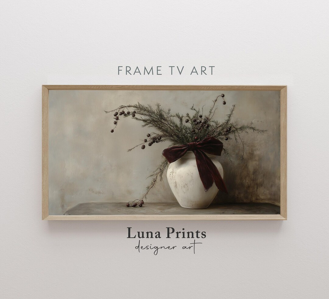 Winter Botanical Frame TV Art, Burgundy Vintage Christmas Frame TV Pine Screensaver, Dark Red Dig... | Etsy (US)