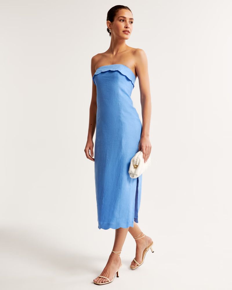 Women's Premium Linen Scalloped Midi Dress | Women's New Arrivals | Abercrombie.com | Abercrombie & Fitch (US)