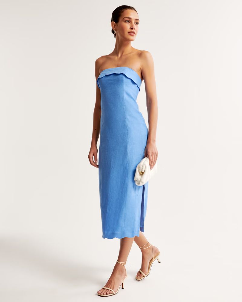 Women's Premium Linen Scalloped Midi Dress | Women's Dresses & Jumpsuits | Abercrombie.com | Abercrombie & Fitch (US)