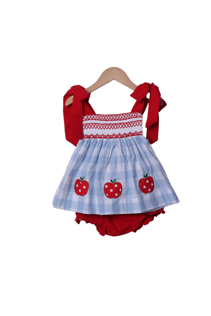Smocked Apple Red/Blue Gingham Tie Bloomer Set | The Smocked Flamingo