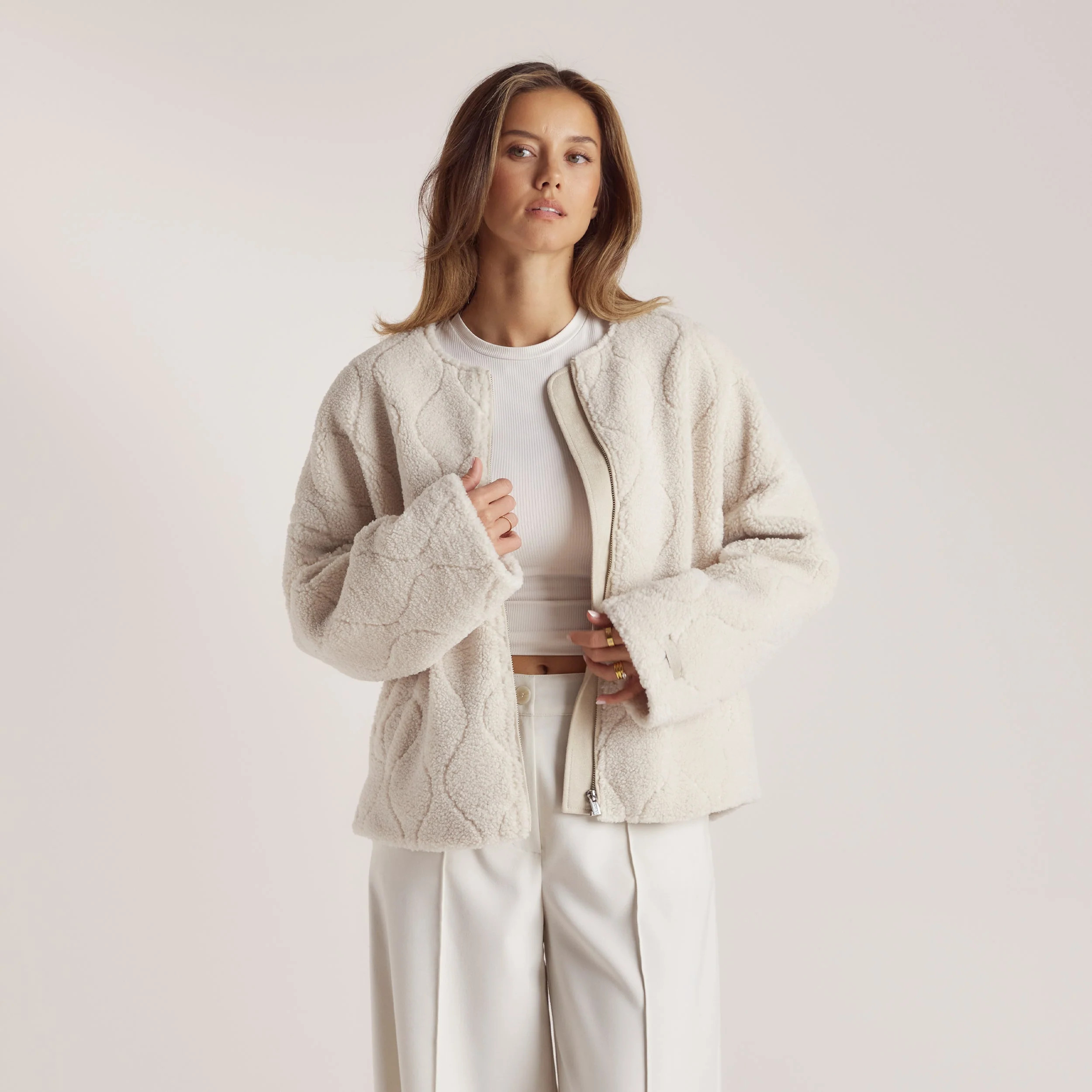 Embossed Borg Jacket - Cream | Lounge UK