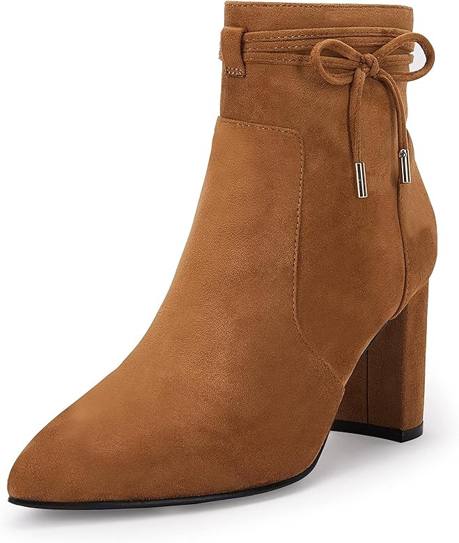 Coutgo Womens Pointed Toe Ankle Boots Blocked Mid Heel Bow Side Zipper Faux Suede Chelsea Booties | Amazon (US)