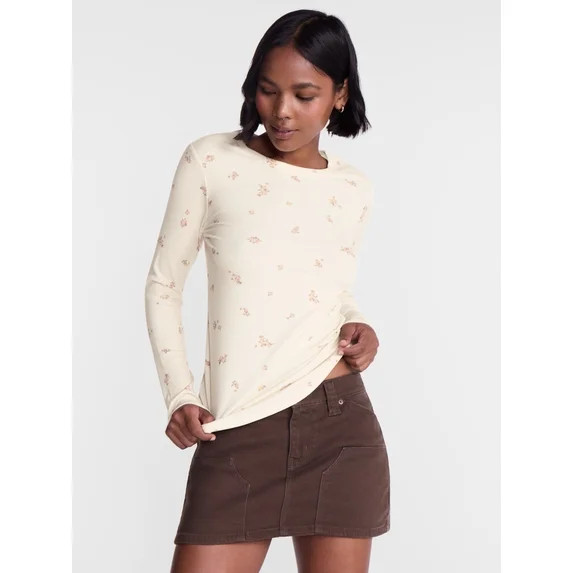 No Boundaries Ribbed Crewneck Tee with Long Sleeves, Women's & Women's Plus XXS-4X | Walmart (US)