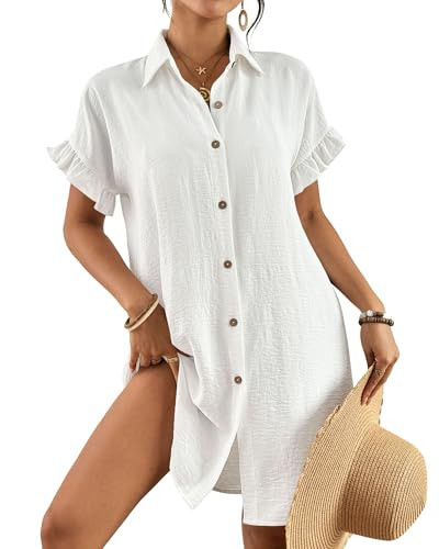 Eddoyee Womens Beach Swimsuit Cover Ups Button Down Bathing Suit Shirt Pleated Bikini Swimwear Top White | Amazon (US)