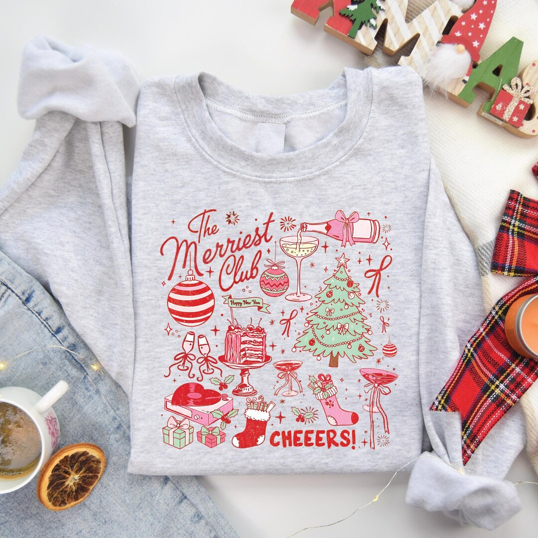 Christmas Party Sweatshirt Holiday Cheers Festive Top Merriest Club Champagne Christmas Tree Desi... | Etsy (US)