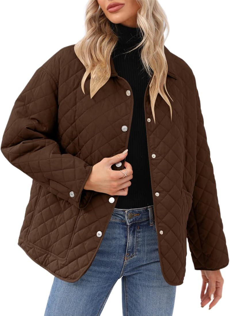 Women's Lapel Lightweight Quilted Jacket Concealed Buckle Long Sleeve Warm Oversized Coat with Tw... | Amazon (US)