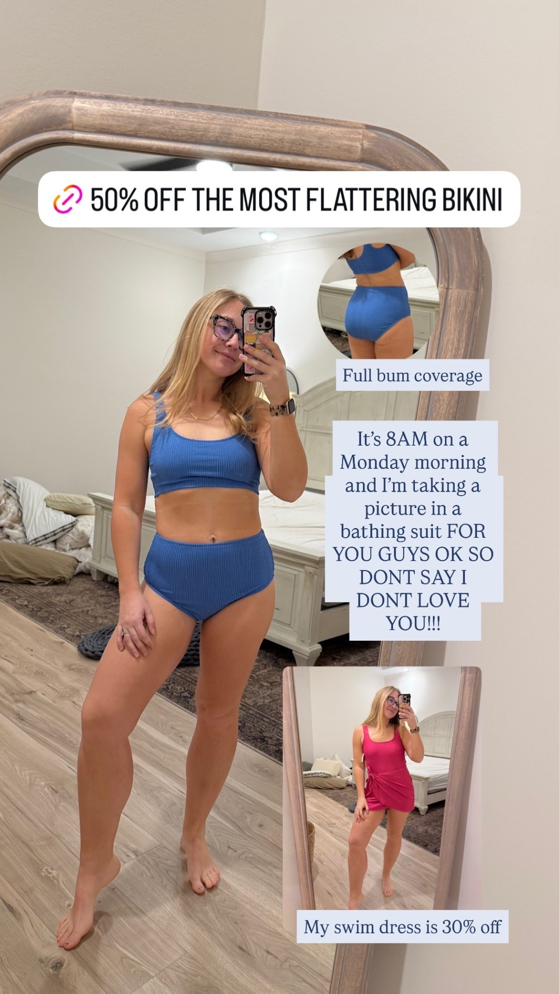 It’s 8AM on a Monday morning and I’m taking a picture in a bathing suit FOR YOU GUYS OK SO DONT SAY I DONT LOVE YOU!!! Full bum coverage My swim dress is 30% off