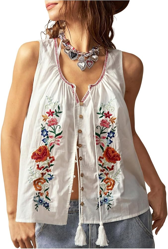 GORGLITTER Women's Floral Embroidered Tops Y2K Sleeveless Scoop Neck Button Down Tank Top | Amazon (US)