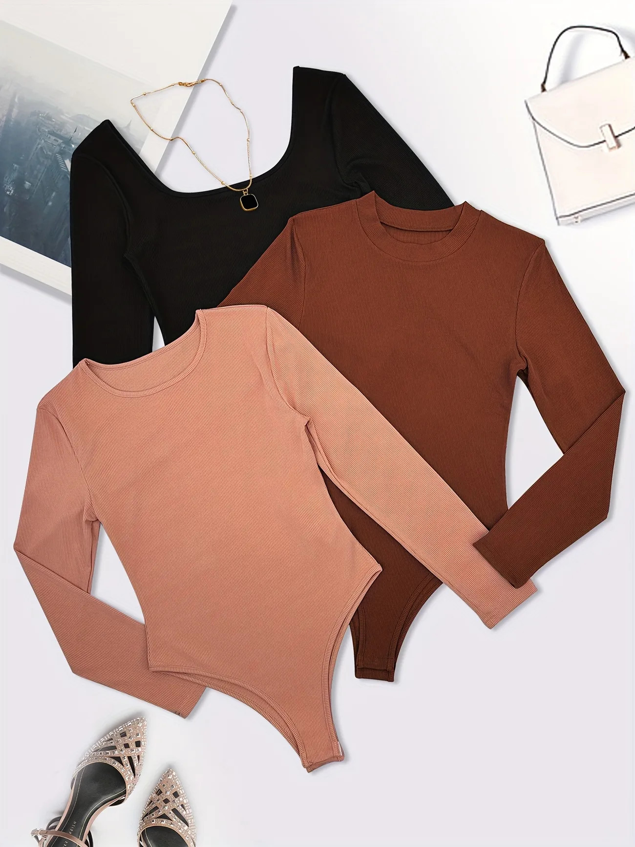 Solid Rib Knit Bodysuit 3 Pack ,casual Long Sleeve Bodysuit, Women's Clothing | Temu Affiliate Program