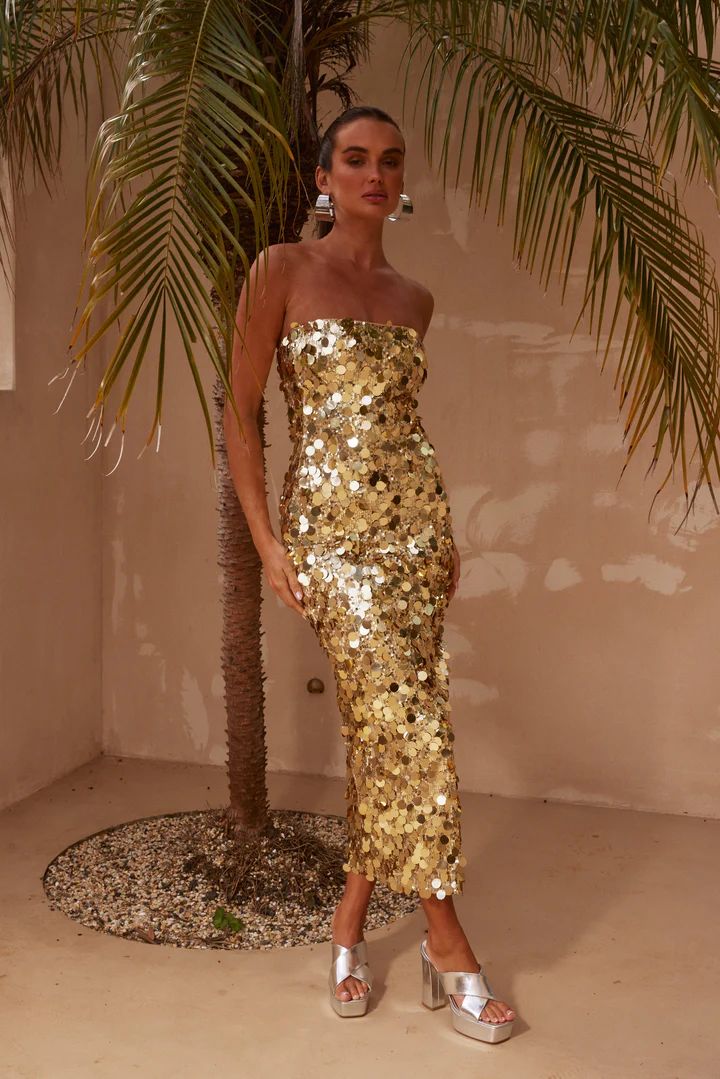 Gabourne Strapless Midi Dress - Gold Sequin | Petal & Pup (US)