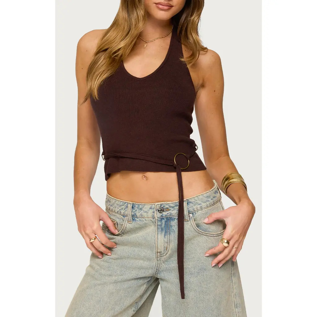 EDIKTED Kez Belted Knit Halter Top in Brown at Nordstrom, Size X-Small | Nordstrom