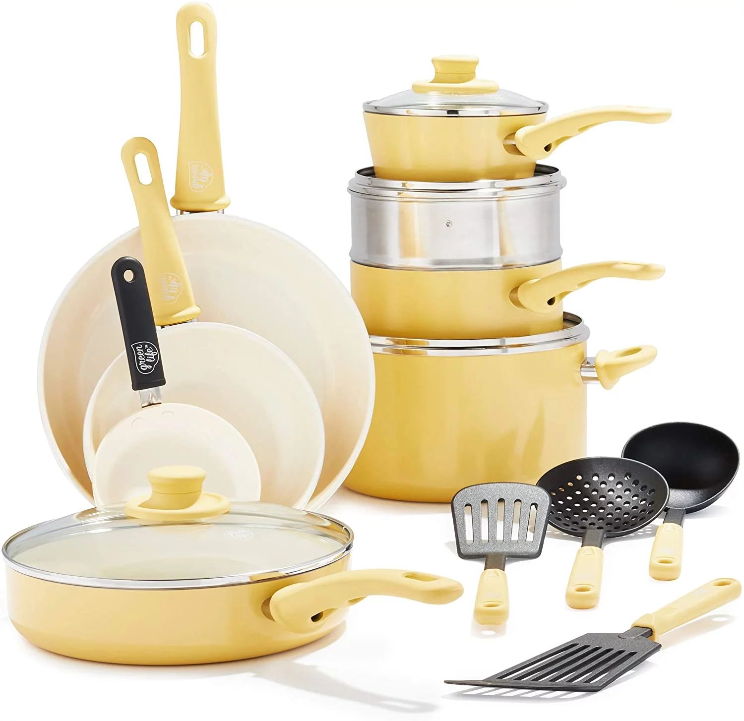 GreenLife Soft Grip Healthy Ceramic Nonstick Yellow Cookware Pots and Pans Set, 16-Piece | Walmart (US)