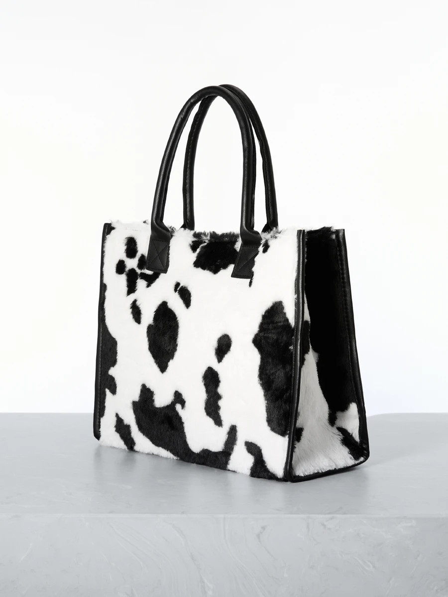 CHICVUE Simple Design Cow Pattern Women Soft Plush Shoulder Bags Winter Furry Ladies Purse Handba... | SHEIN