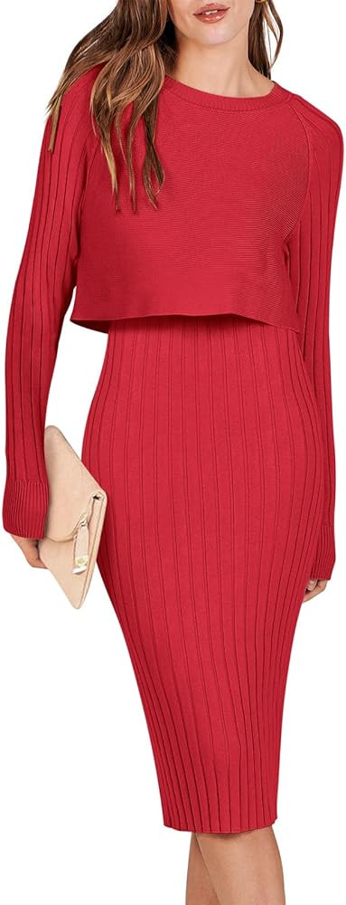 ANRABESS Women Casual Two Piece Outfits Long Sleeve Ribbed Knit Crop Top and Bodycon Midi Dresses... | Amazon (US)