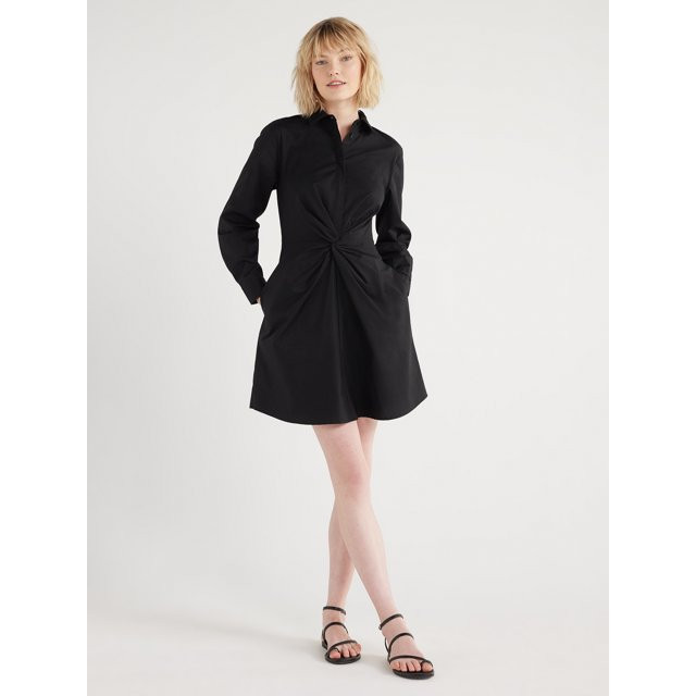 Scoop Women's Twist Front Poplin Mini Shirt Dress with Pockets, Sizes XS-XXL | Walmart (US)