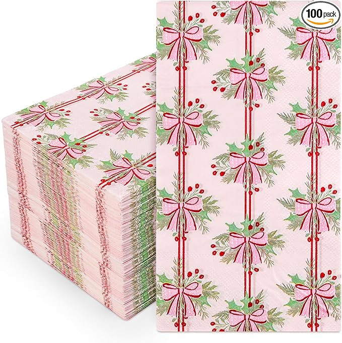 Whaline 100Pcs Pink Bow Christmas Napkins Holly Berry Guest Napkins Xmas Bowknot Dinner Hand Towe... | Amazon (US)