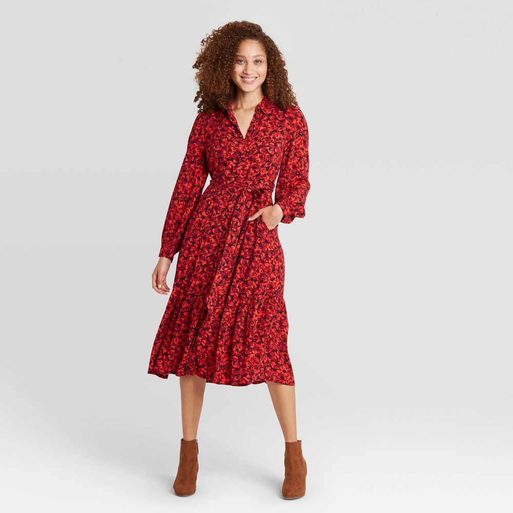 Women's Floral Print Long Sleeve Tie Waist Shirtdress- A New Day Red XS | Target