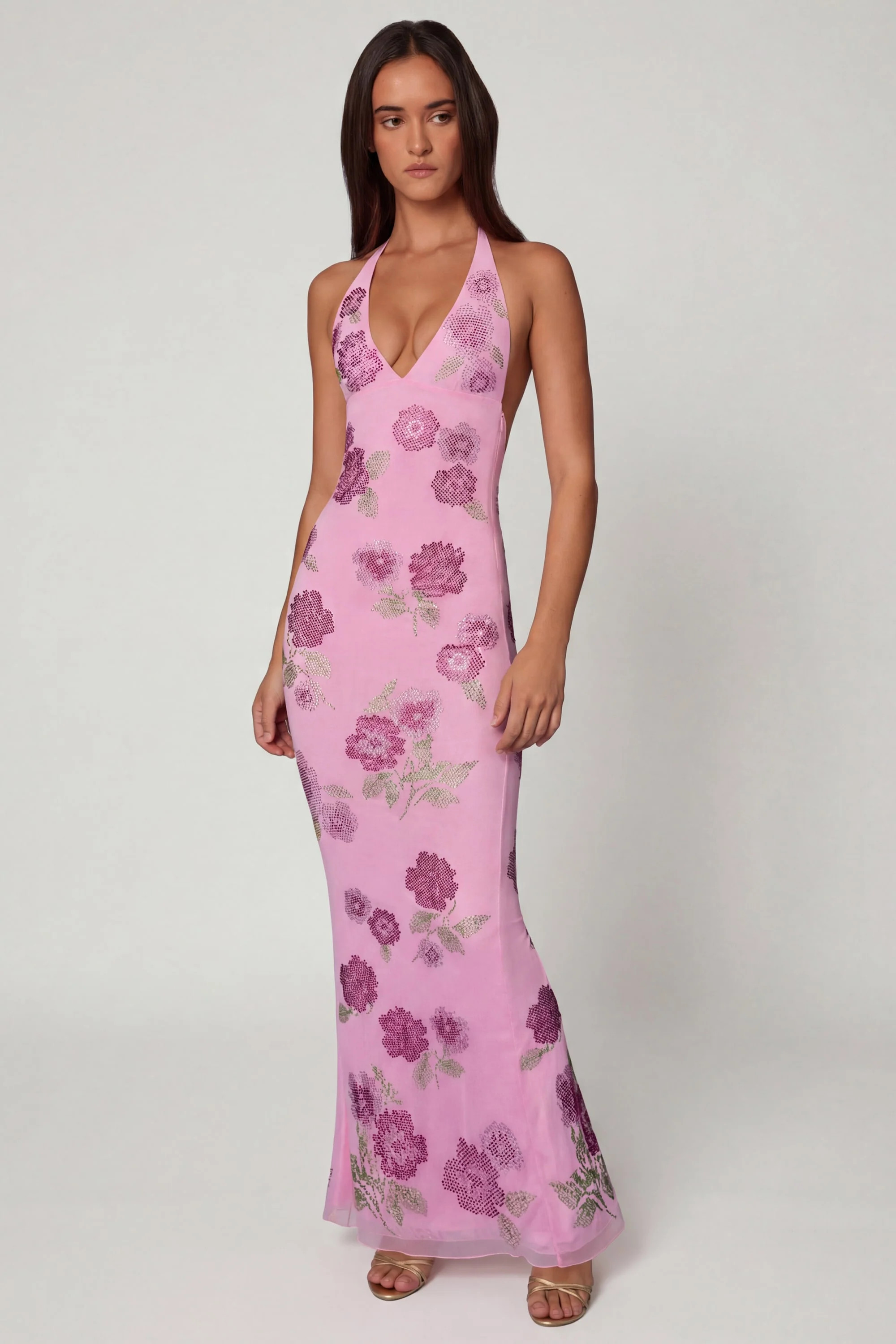 Embellished Halterneck Maxi Dress in Soft Pink | Oh Polly