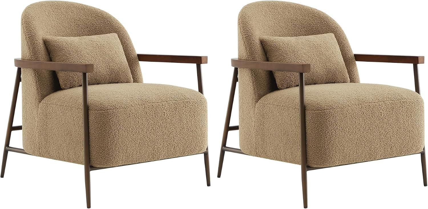 CHITA Accent Chair Set of 2, Sherpa Armchair with Wooden Armrest, Camel | Amazon (US)
