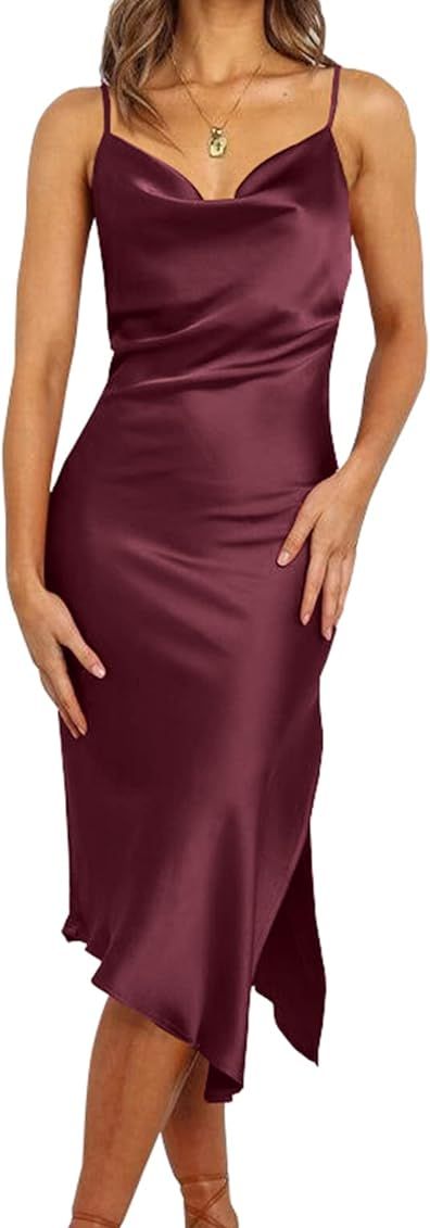PRETTYGARDEN Women's Summer Satin Dress Sexy Sleeveless Spaghetti Strap Side Slit Cowl Neck Midi ... | Amazon (US)