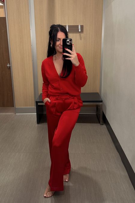 Target holiday outfit inspiration  
Red monochromatic outfit with cardigan and satin pants 

#LTKHoliday #LTKSeasonal #LTKHolidaySale