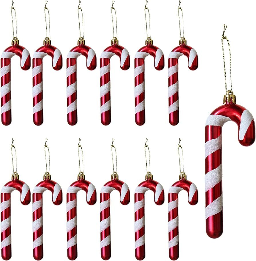 HERZWILD 12Pcs Christmas Glitter Candy Cane Decoration Plastic Candy Cane Hanging Pendant Christm... | Amazon (US)