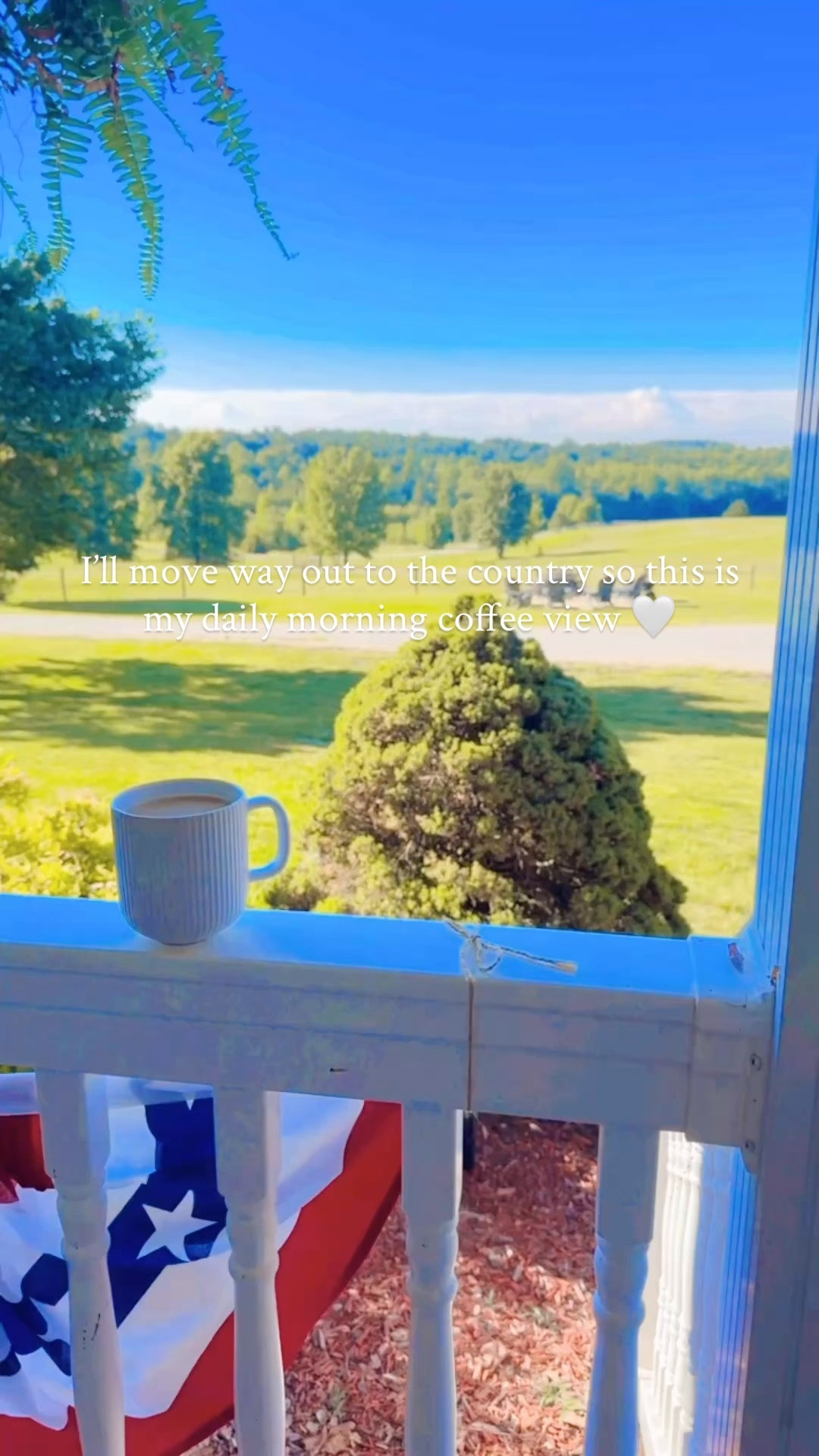 I look forward to this dreamy view every morning out here on the farm ☕️🌳🌾🇺🇸🌻🌿💭☀️ #countryliving #frontporchview #farmliving #farmhouselife #foreverhome