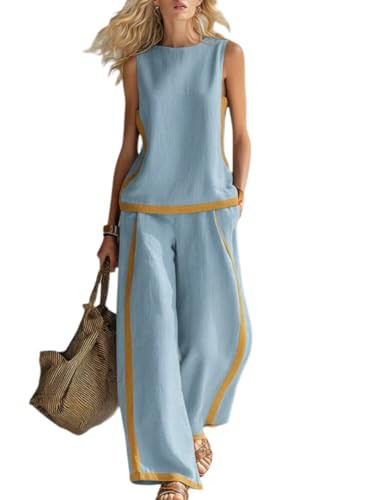 Apvirdy Women's Vintage Color Block Two Piece Outfit Crew Neck Sleeveless Solid Top High Waist Ca... | Amazon (US)