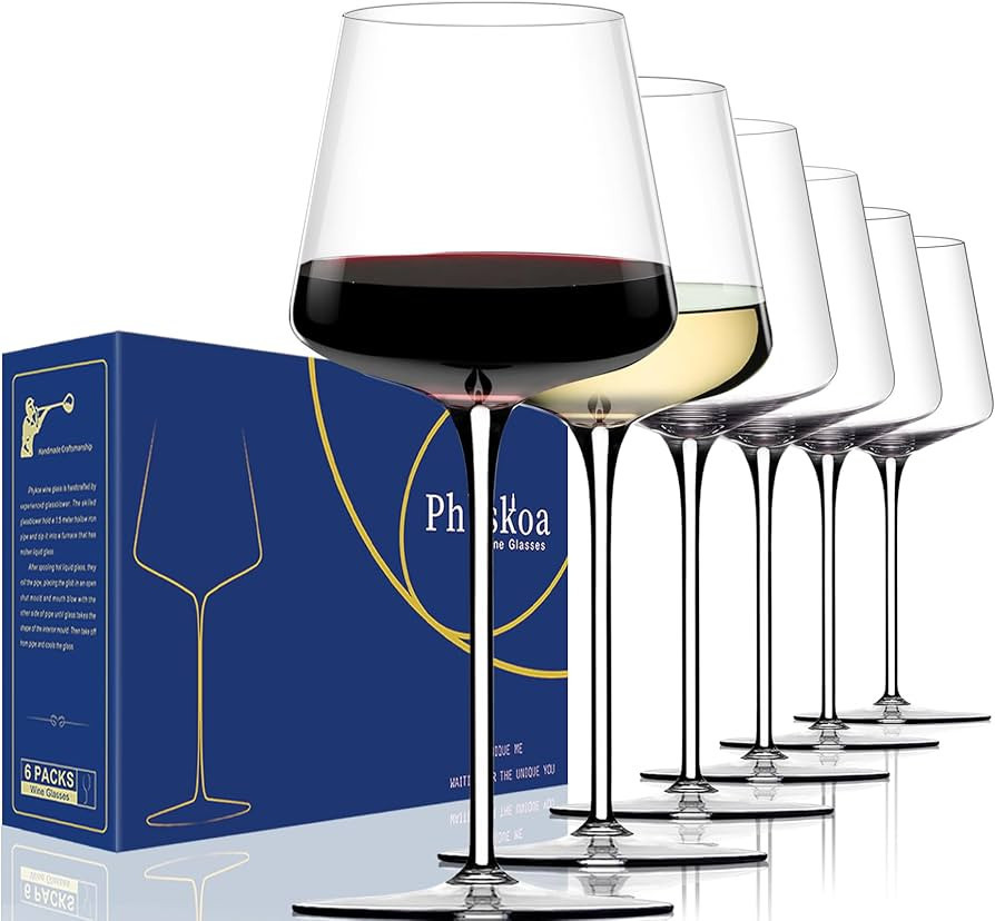 Red/White Wine Glasses Set of 6 – 18oz Clear – Hand Blown Crystal Wine Glasses – Tall Long ... | Amazon (US)