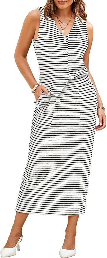 Pink Queen Women's 2 Piece Outfits Sleeveless V Neck Button Down Tank Tops Slit Midi Dress 2025 S... | Amazon (US)