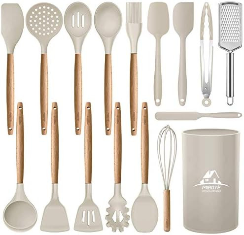 Mibote 17 Pcs Silicone Cooking Kitchen Utensils Set with Holder, Wooden Handles BPA Free Non Toxi... | Amazon (US)
