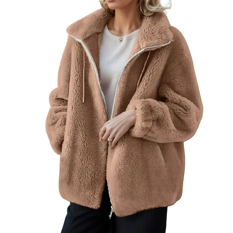 Nokdvo Sherpa Jackets for Women Soft Comfy Fluffy Fleece Zip Up Cardigan Stand Collar Long Sleeve... | Walmart (US)