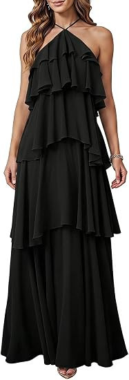 SOLY HUX Women's Wedding Guest Dress Sundresses Ruffle Layered Halter Backless Flowy Formal Maxi ... | Amazon (US)