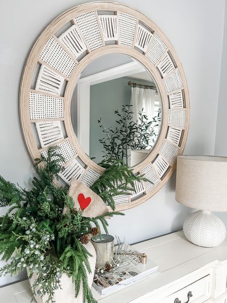 Round woven mirror, over the console table mirror, woven rope mirror, white wash wood natural mirror, ceramic table lamp, home decor coffee table book, gold candle snuffer, console table decor. Entryway decor. #walmart #target

#LTKFind #LTKhome