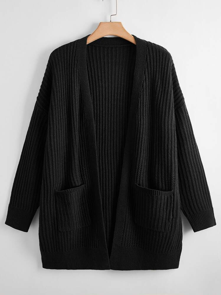 Linhara Plus Size Women's Loose Casual Rib Knit Long Sleeve Cardigan With Pockets, Black, Versatile Everyday Wear, Winter Fall Cloth For Women Autumn | SHEIN