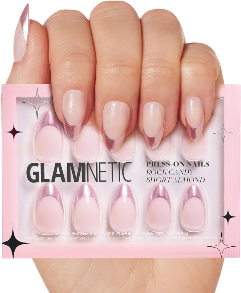 Glamnetic Press On Nails - Rock Candy | Trendy Short Almond Nails with Metallic Chrome Pink Frenc... | Amazon (US)